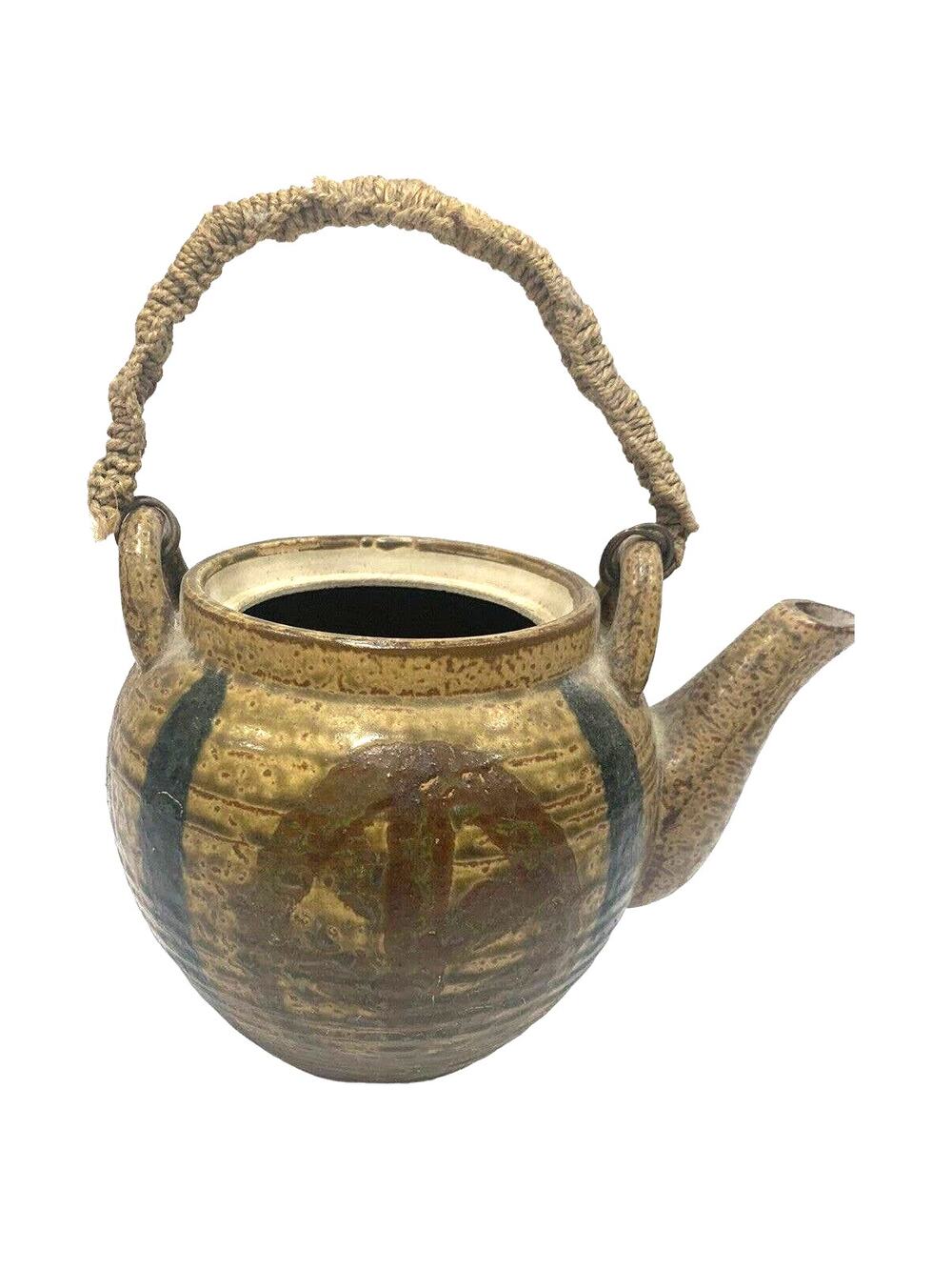 Vintage Westwood Stoneware Imports Japanese Tea Pot Kettle Rattan Handle